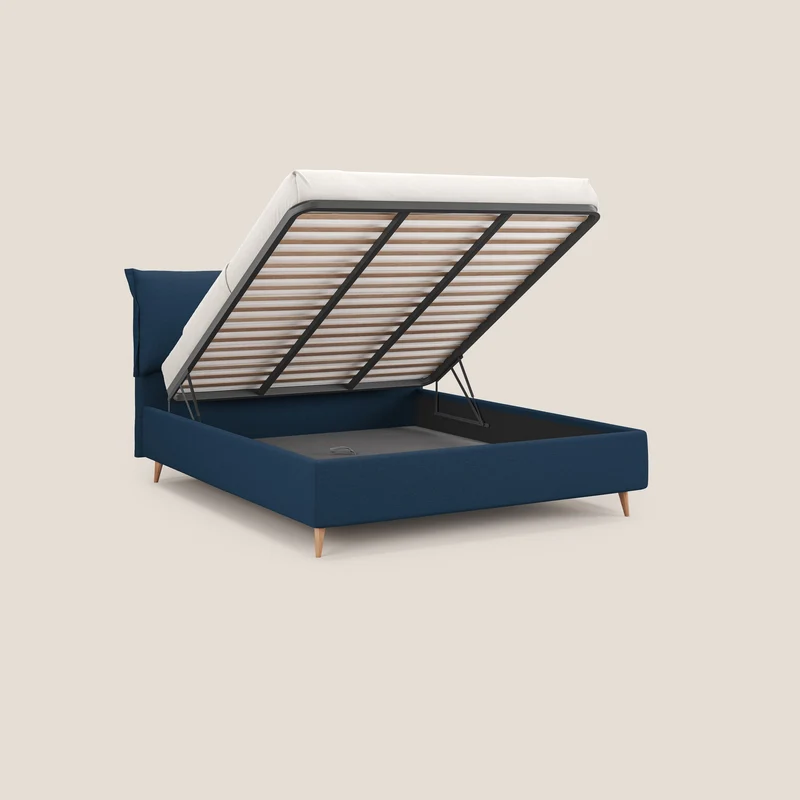 Elettra lit avec coffre de rangement déhoussable avec coussins tête de lit en tissu imperméable T13 bleu