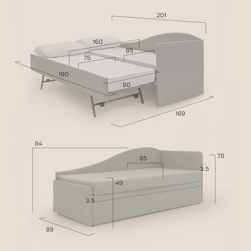 Nolo Canapé duplex avec lits jumeaux et tissu effet coton imperméable T13 Taupe tortora