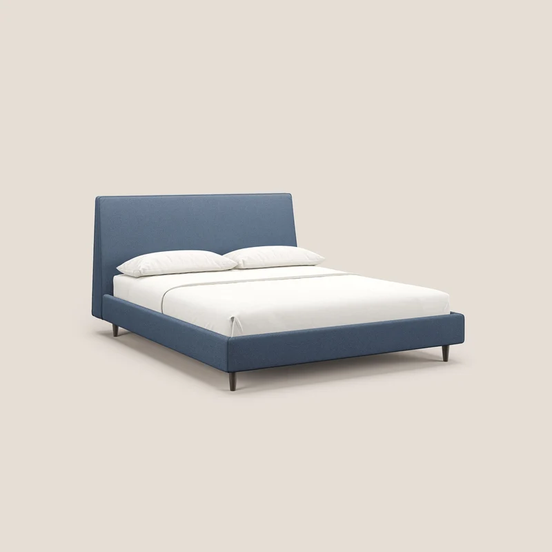 Dorotea lit rembourré avec pieds bois et tissu bouclette douce imperméable T07 bleu