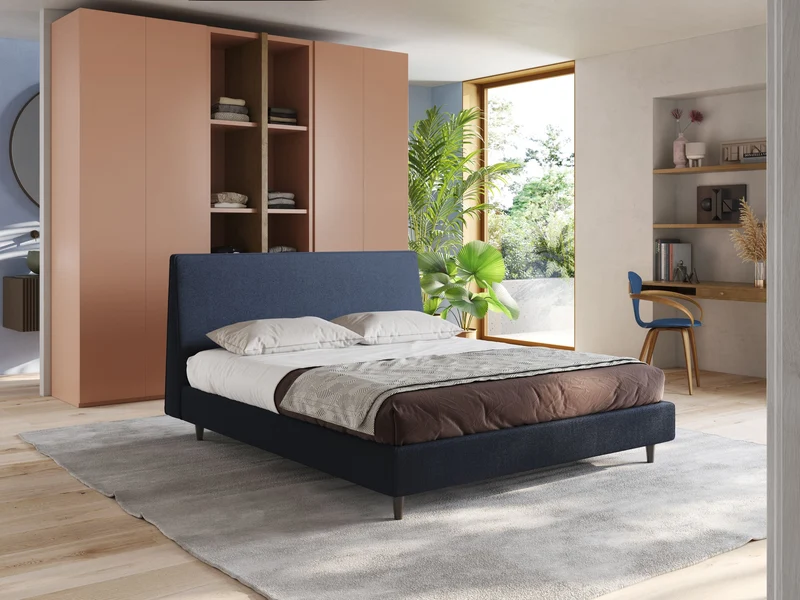 Dorotea lit rembourré avec pieds bois et tissu bouclette douce imperméable T07 bleu
