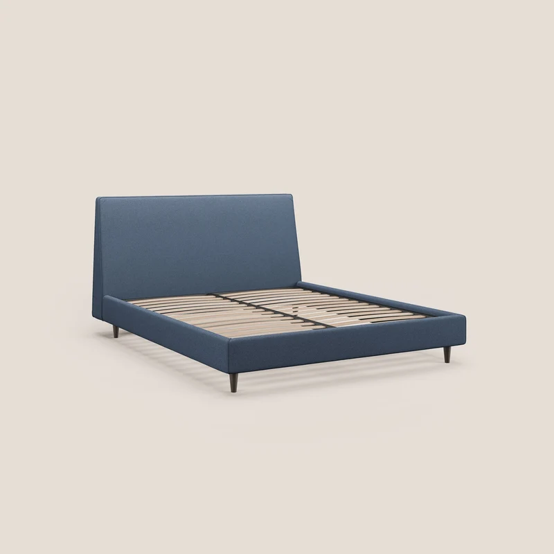 Dorotea lit rembourré avec pieds bois et tissu bouclette douce imperméable T07 bleu