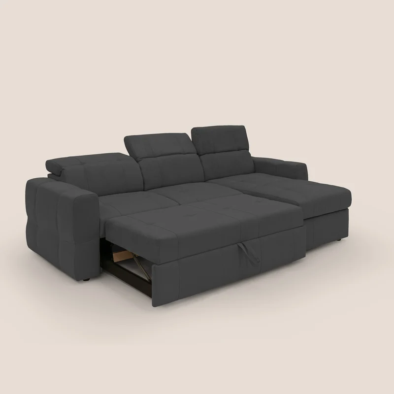 Kronos Canapé d'angle avec pouf extractible et coffre de rangement en microfibre imperméable T11 noir