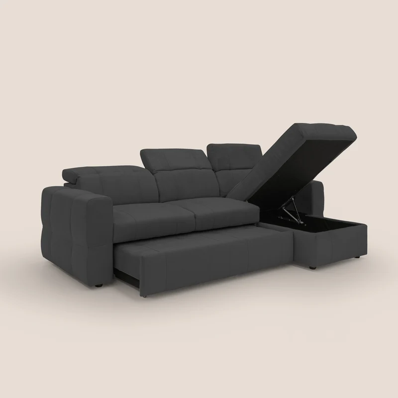 Kronos Canapé d'angle avec pouf extractible et coffre de rangement en microfibre imperméable T11 noir