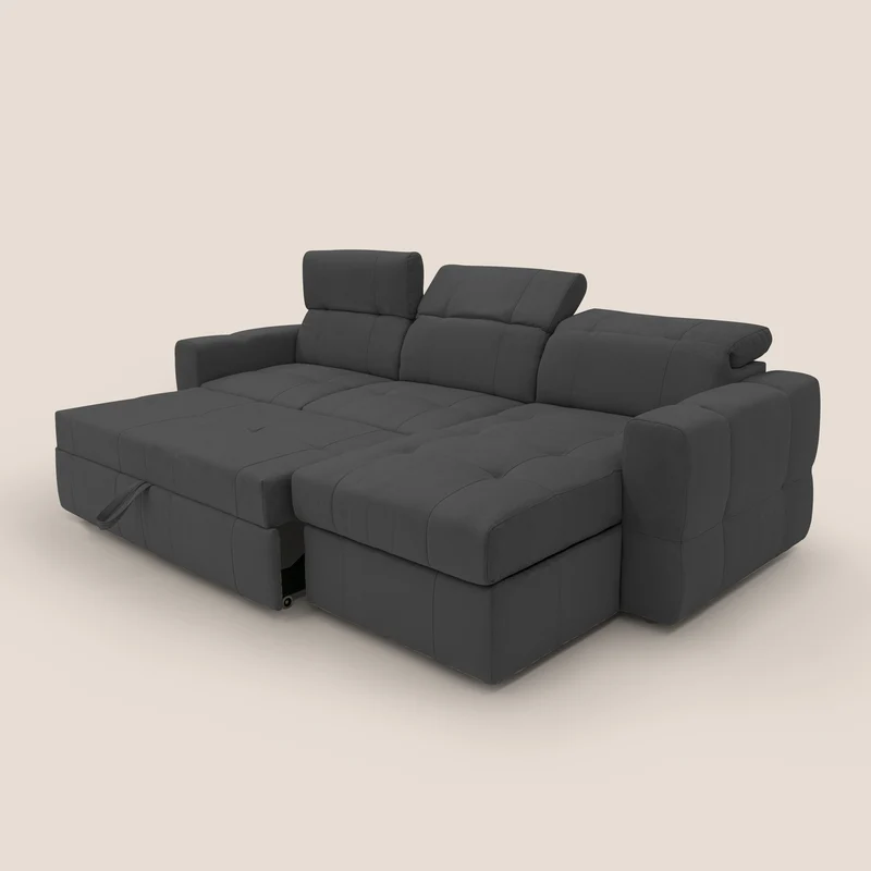 Kronos Canapé d'angle avec pouf extractible et coffre de rangement en microfibre imperméable T11 noir