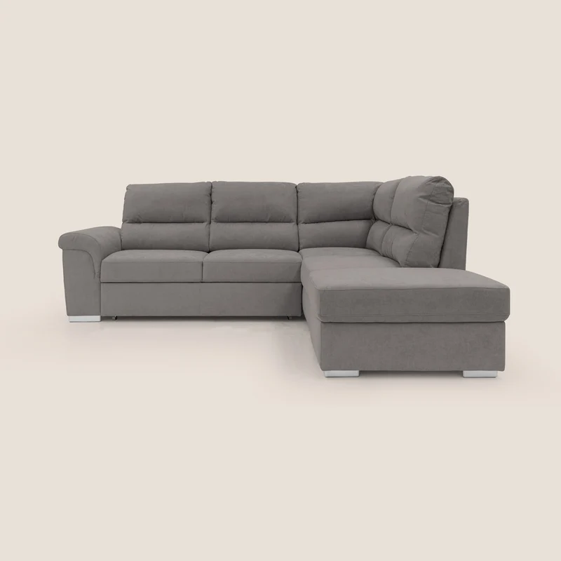 Minerva canapé d'angle avec angle et pouf extractible en tissu doux imperméable T02 gris