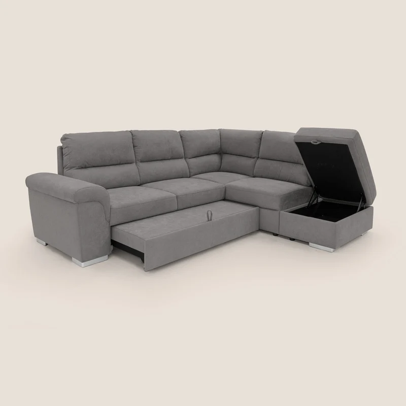 Minerva canapé d'angle avec angle et pouf extractible en tissu doux imperméable T02 gris