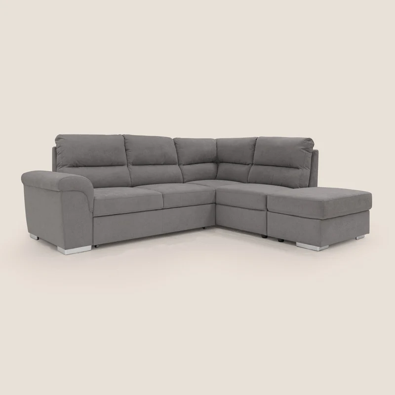 Minerva canapé d'angle avec angle et pouf extractible en tissu doux imperméable T02 gris