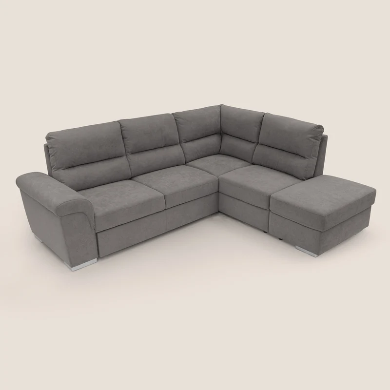 Minerva canapé d'angle avec angle et pouf extractible en tissu doux imperméable T02 gris