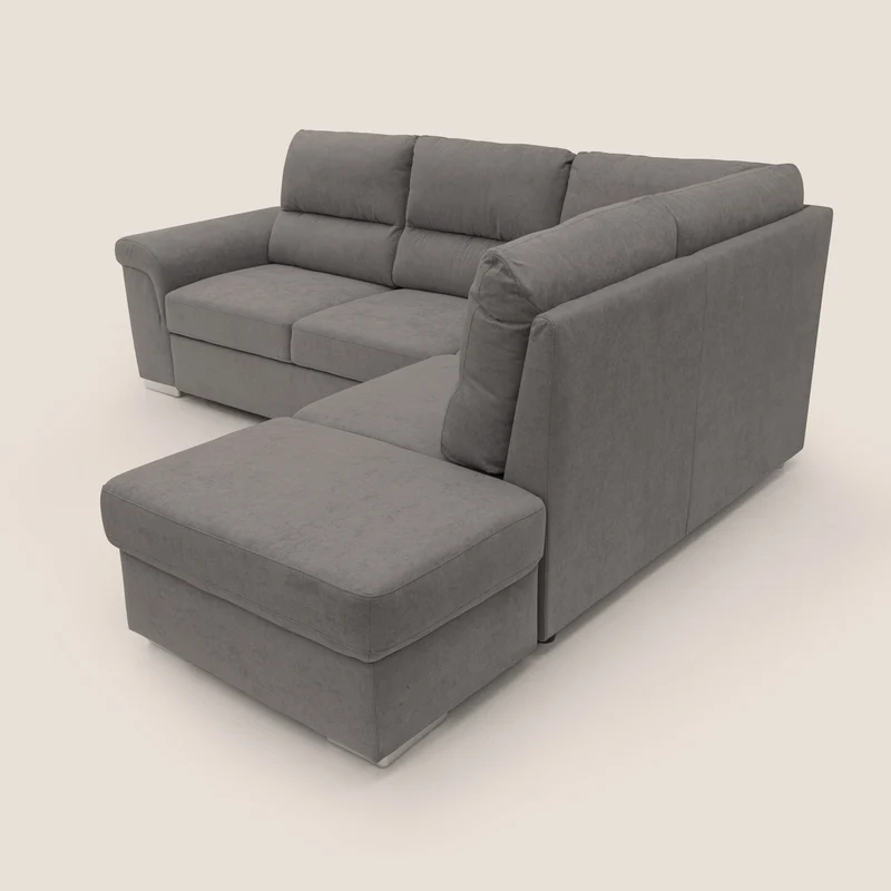 Minerva canapé d'angle avec angle et pouf extractible en tissu doux imperméable T02 gris