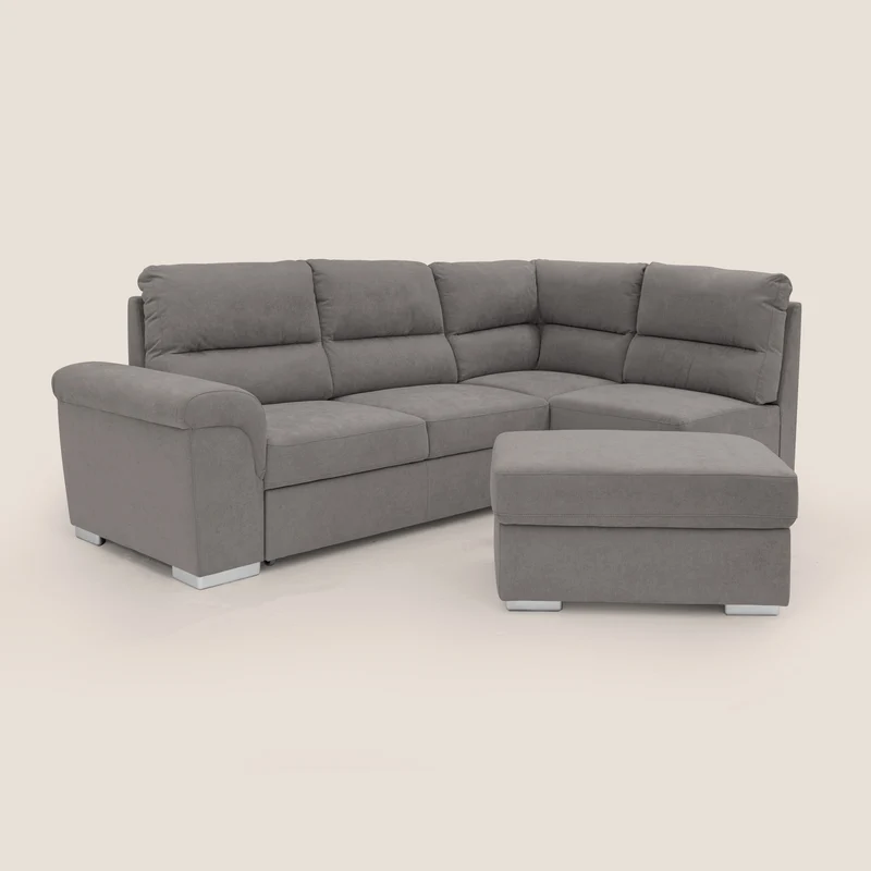 Minerva canapé d'angle avec angle et pouf extractible en tissu doux imperméable T02 gris
