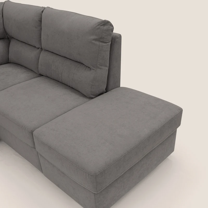 Minerva canapé d'angle avec angle et pouf extractible en tissu doux imperméable T02 gris
