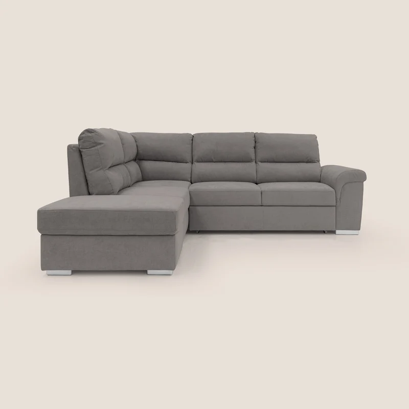 Minerva canapé d'angle avec angle et pouf extractible en tissu doux imperméable T02 gris