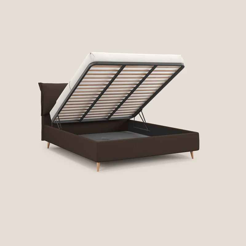 Elettra lit avec coffre de rangement déhoussable avec coussins tête de lit en tissu imperméable T13 marron