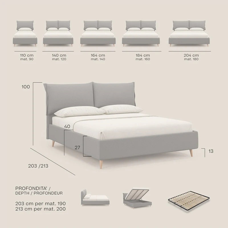 Elettra lit avec coffre de rangement déhoussable avec coussins tête de lit en tissu imperméable T13 marron