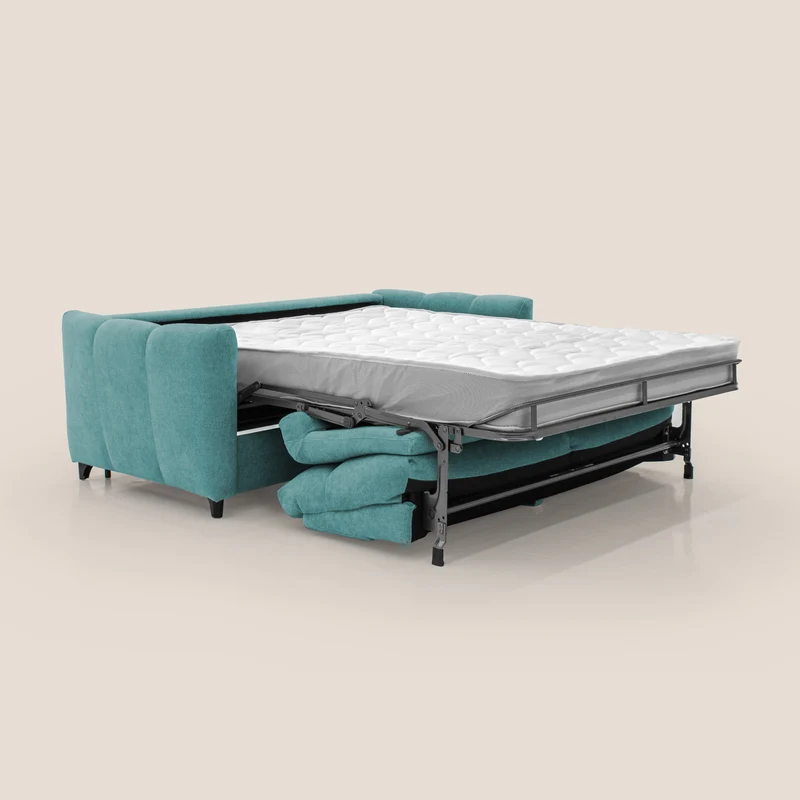 Peonia canapé convertible scandinave avec matelas H 18cm et dossier haut en bouclette imperméable T07 bleu ciel