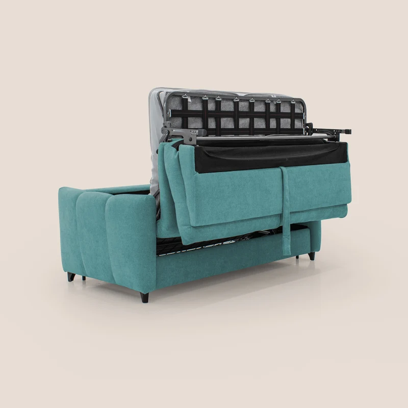 Peonia canapé convertible scandinave avec matelas H 18cm et dossier haut en bouclette imperméable T07 bleu ciel