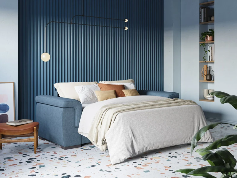 Giunone canapé convertible avec matelas de 18 cm et têtières inclinables en tissu imperméable T02 bleu pastel