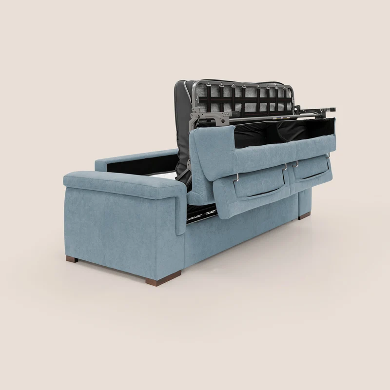 Giunone canapé convertible avec matelas de 18 cm et têtières inclinables en tissu imperméable T02 bleu pastel