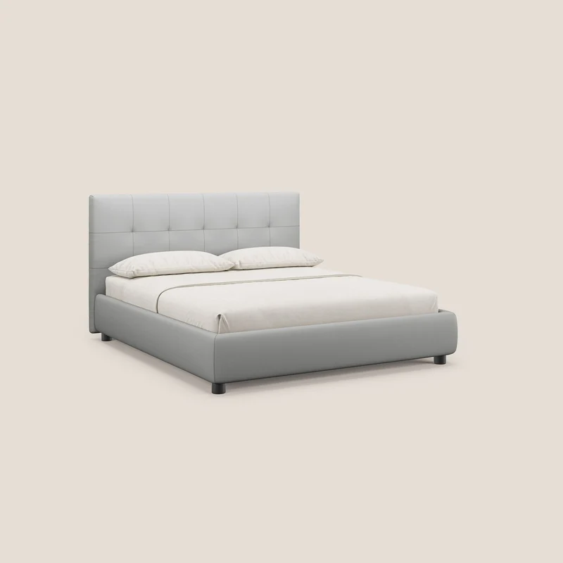 Minato lit coffre avec tête de lit capitonnée en similicuir imperméable T04 gris clair