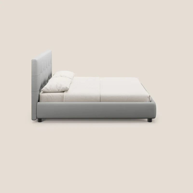 Minato lit coffre avec tête de lit capitonnée en similicuir imperméable T04 gris clair