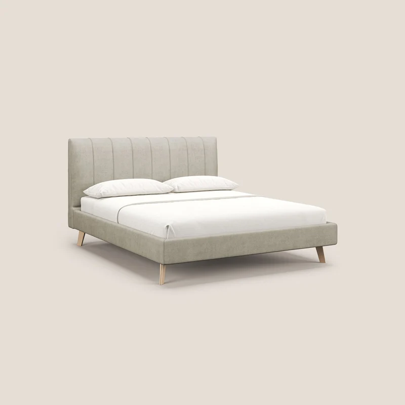 Selene lit rembourré avec pieds bois naturel déhoussable en tissu imperméable T02 crème