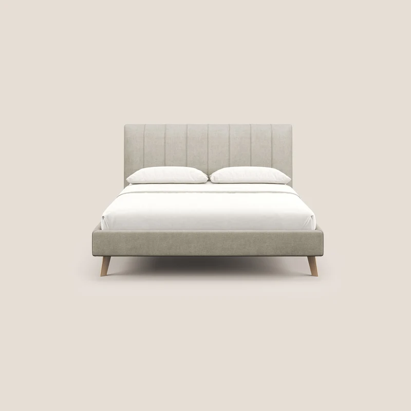 Selene lit rembourré avec pieds bois naturel déhoussable en tissu imperméable T02 crème