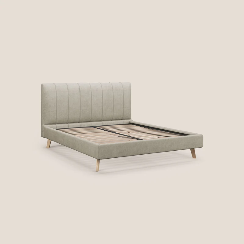 Selene lit rembourré avec pieds bois naturel déhoussable en tissu imperméable T02 crème