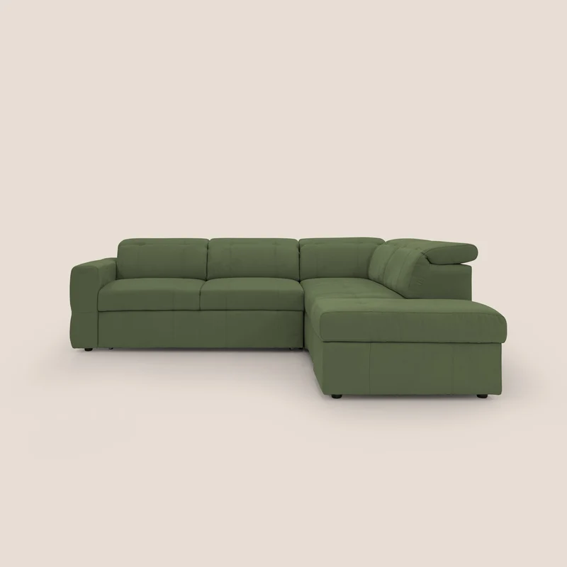 Kronos Canapé d'angle avec extractible et pouf coffre en micorfibre imperméable T11 vert