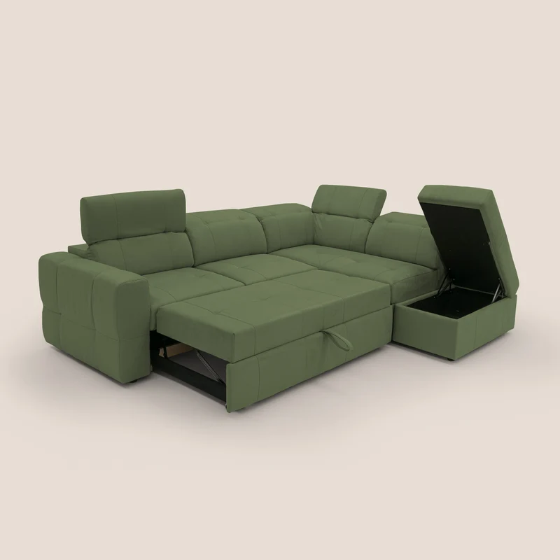 Kronos Canapé d'angle avec extractible et pouf coffre en micorfibre imperméable T11 vert