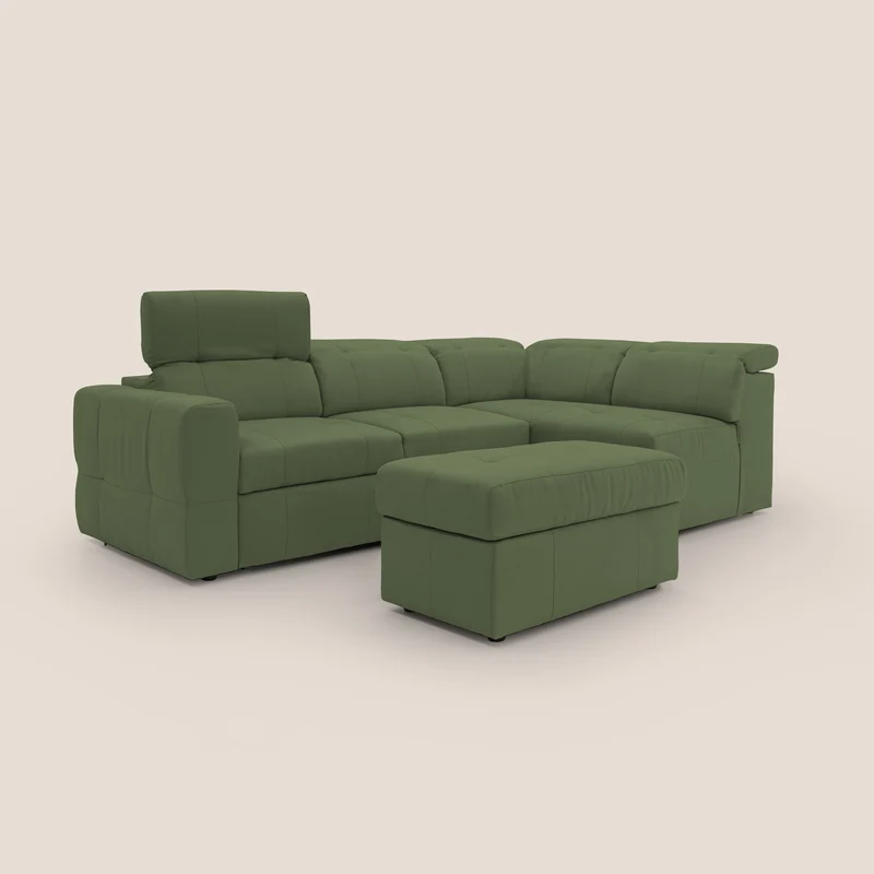 Kronos Canapé d'angle avec extractible et pouf coffre en micorfibre imperméable T11 vert