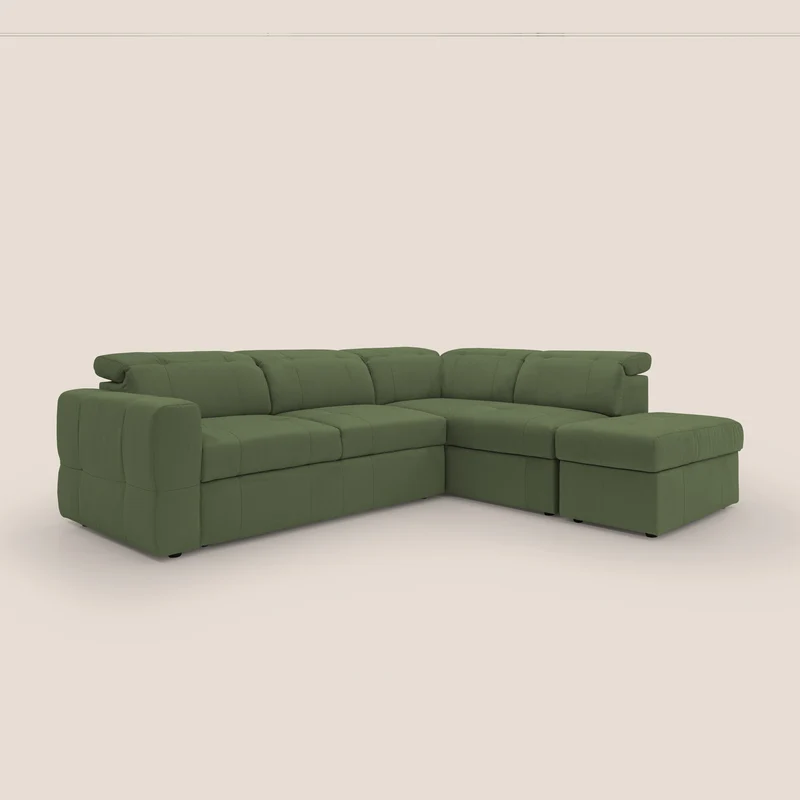 Kronos Canapé d'angle avec extractible et pouf coffre en micorfibre imperméable T11 vert