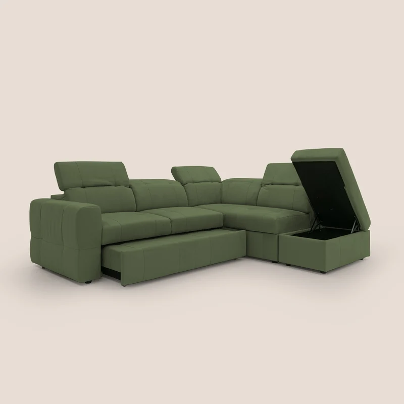 Kronos Canapé d'angle avec extractible et pouf coffre en micorfibre imperméable T11 vert