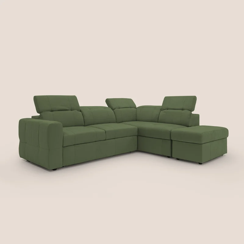 Kronos Canapé d'angle avec extractible et pouf coffre en micorfibre imperméable T11 vert