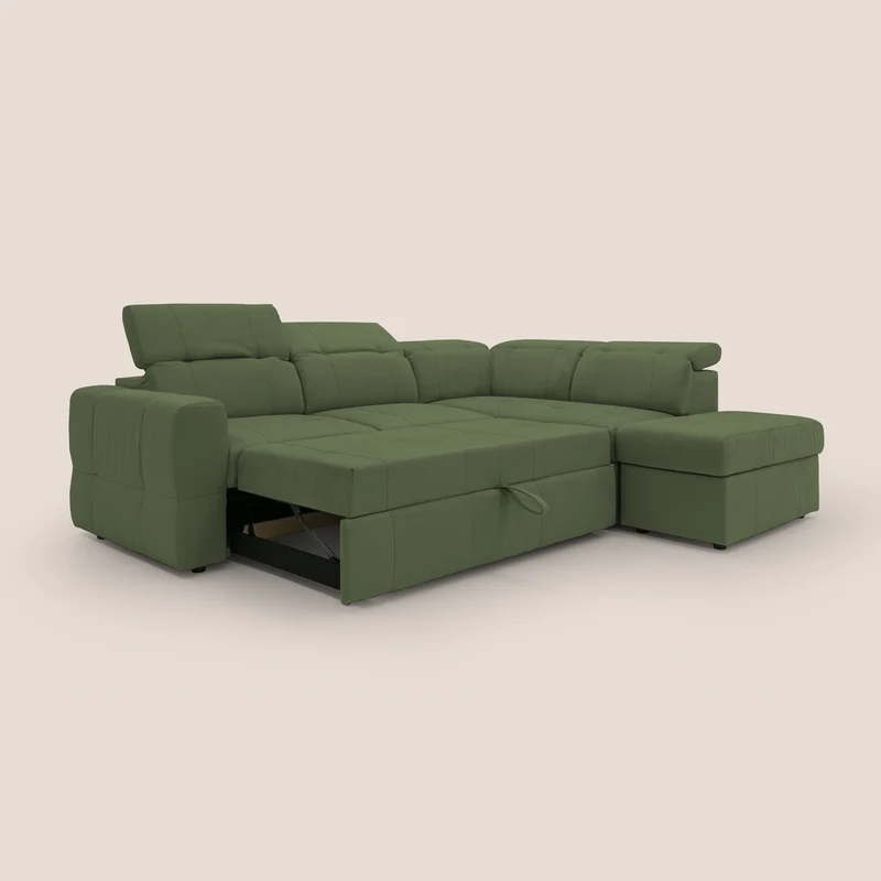 Kronos Canapé d'angle avec extractible et pouf coffre en micorfibre imperméable T11 vert