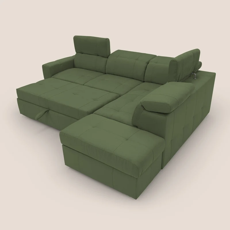Kronos Canapé d'angle avec extractible et pouf coffre en micorfibre imperméable T11 vert