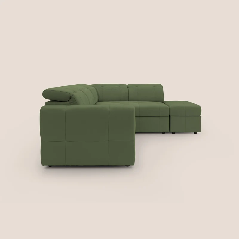 Kronos Canapé d'angle avec extractible et pouf coffre en micorfibre imperméable T11 vert