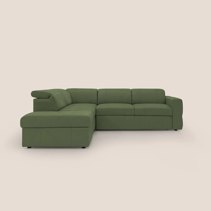 Kronos Canapé d'angle avec extractible et pouf coffre en micorfibre imperméable T11 vert