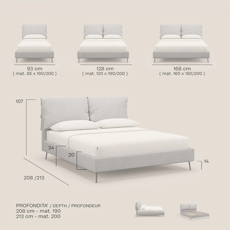 Artemisia lit rembourré avec pieds hauts déhoussable en tissu détachable T17 anthracite