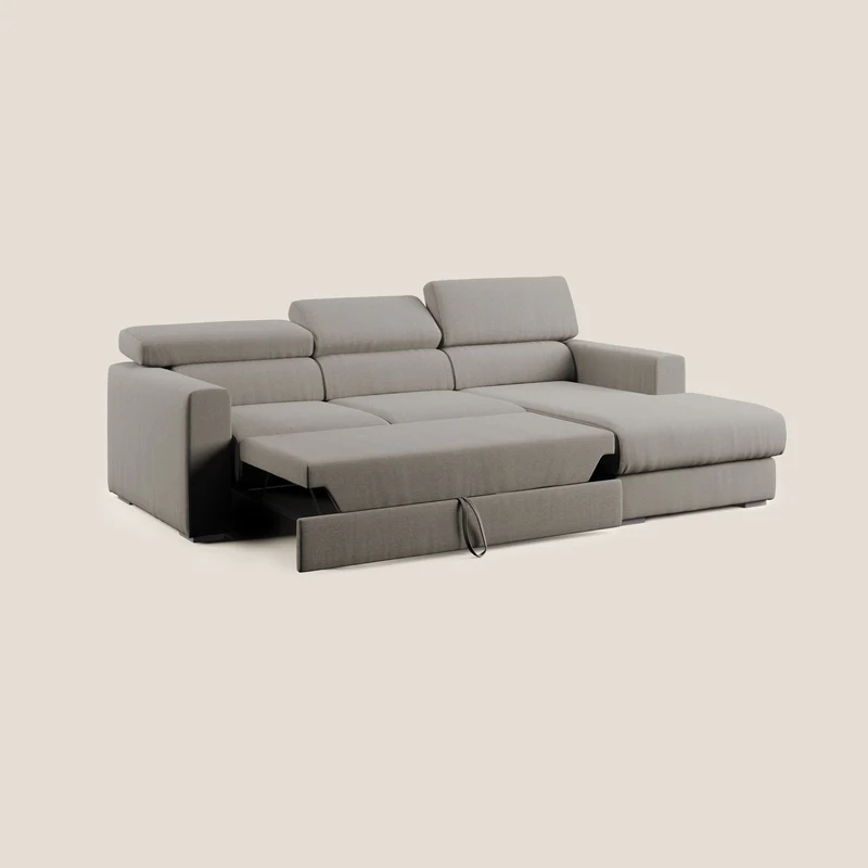 Dylan canapé d'angle avec méridienne et pouf extractible en tissu imperméable T13 Taupe