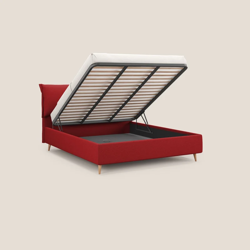 Elettra lit avec coffre de rangement déhoussable avec coussins tête de lit en tissu imperméable T13 rouge