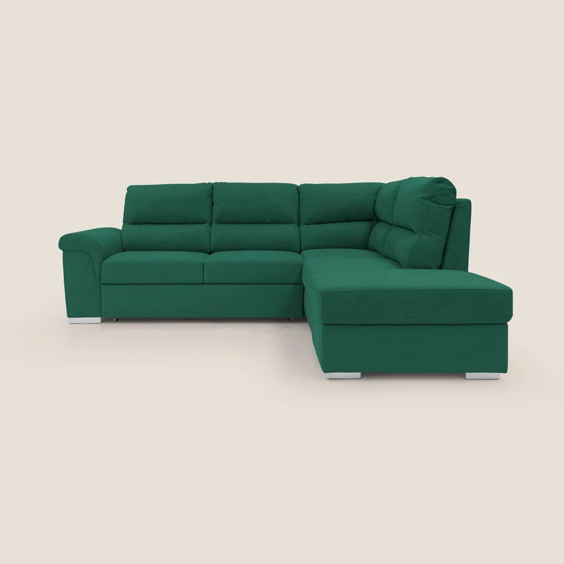 Minerva canapé d'angle avec angle et pouf extractible en tissu doux imperméable T02 vert