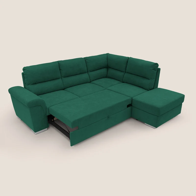 Minerva canapé d'angle avec angle et pouf extractible en tissu doux imperméable T02 vert