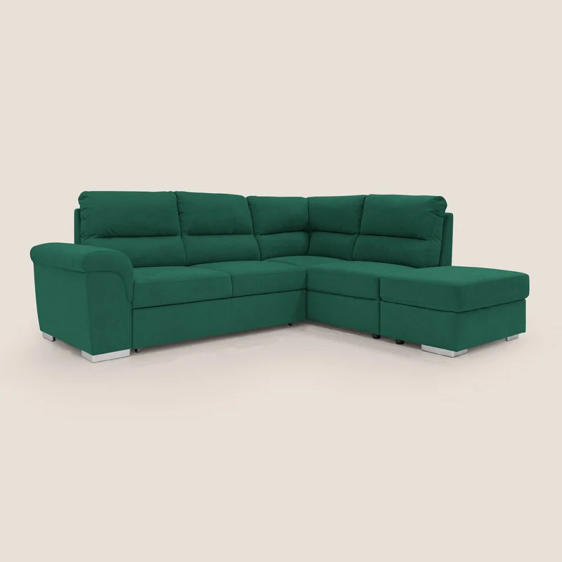 Minerva canapé d'angle avec angle et pouf extractible en tissu doux imperméable T02 vert