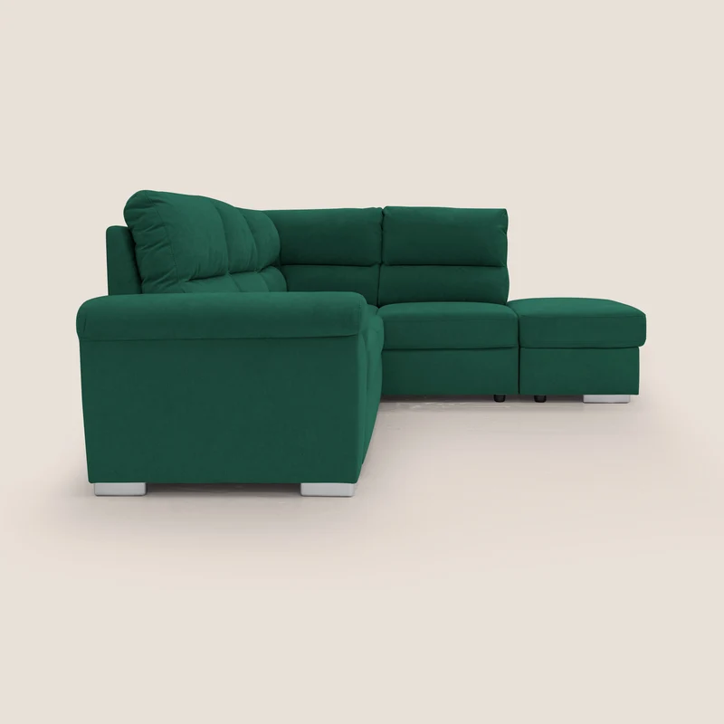 Minerva canapé d'angle avec angle et pouf extractible en tissu doux imperméable T02 vert