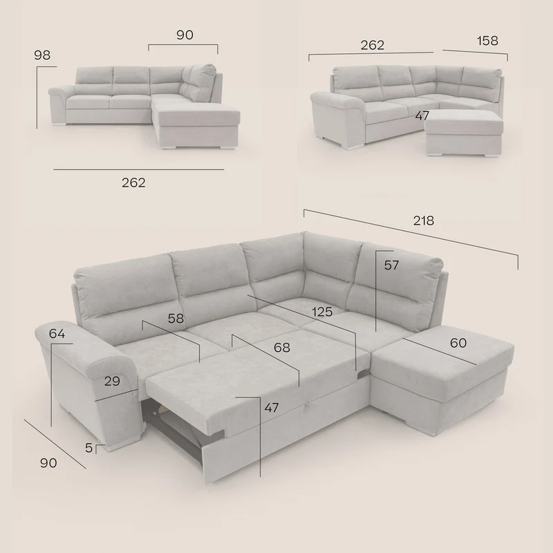 Minerva canapé d'angle avec angle et pouf extractible en tissu doux imperméable T02 vert
