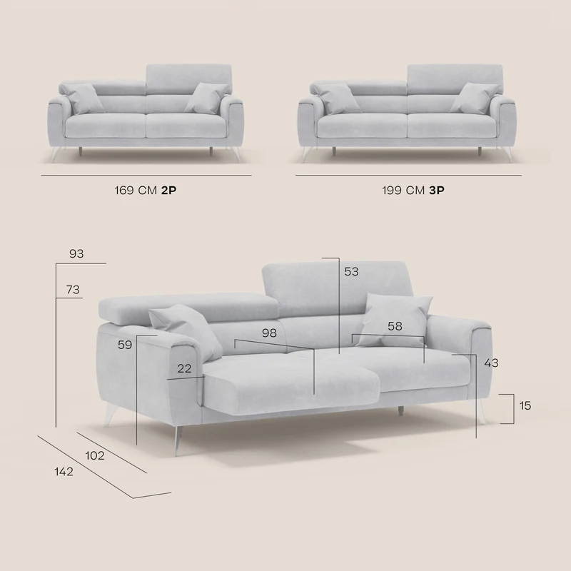 Caravaggio Canapé avec assises extensibles et têtières réglables en tissu imperméable T02 rose