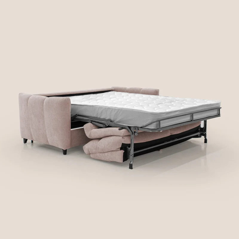 Peonia canapé convertible scandinave avec matelas H 18cm et dossier haut en bouclette imperméable T07 rose