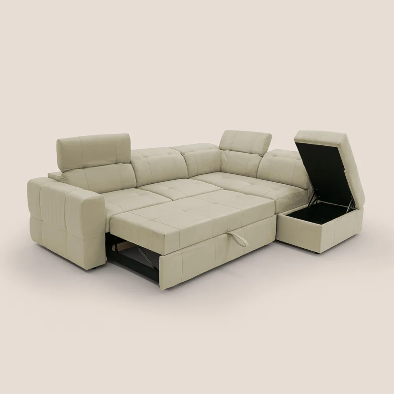 Kronos Canapé d'angle avec extractible et pouf coffre en micorfibre imperméable T11 beige