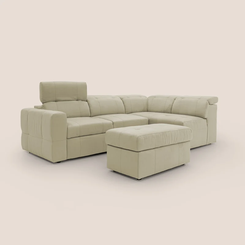 Kronos Canapé d'angle avec extractible et pouf coffre en micorfibre imperméable T11 beige