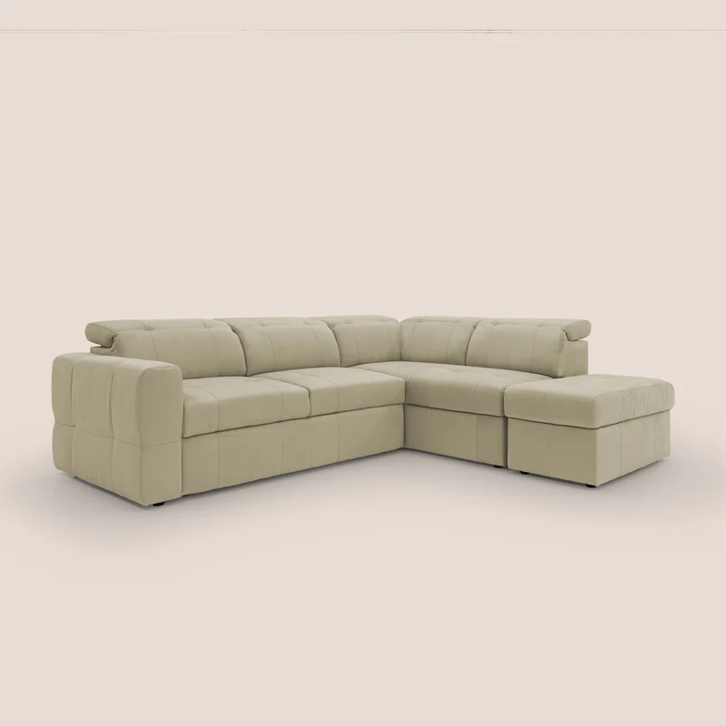 Kronos Canapé d'angle avec extractible et pouf coffre en micorfibre imperméable T11 beige